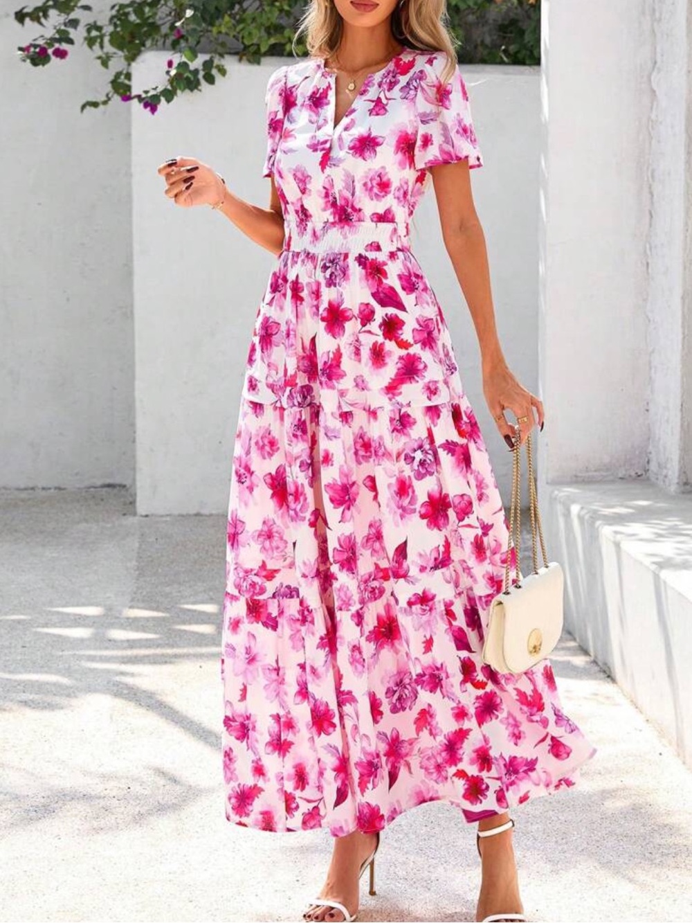 Elegant floral print tiered maxi dress